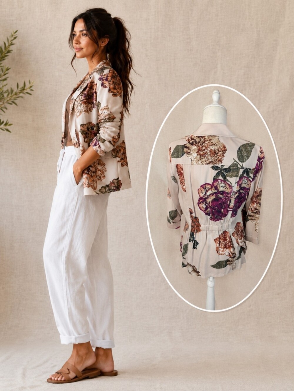 Dusty Rose Pink Floral Open Draped Jacket Gathered Back Cottagecore Coastal Sz M